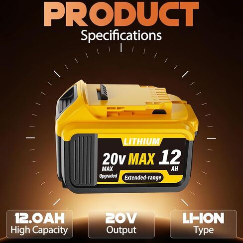 4-Pack 12000mAh Replacement for Dewalt 20V Max Battery, Lithium Ion Battery Compatible with Dewalt DCB200 DCB201 DCB203 DCB204 DCB205 DCB206 DCB207 Series 20V Cordless Tools in Kuwait