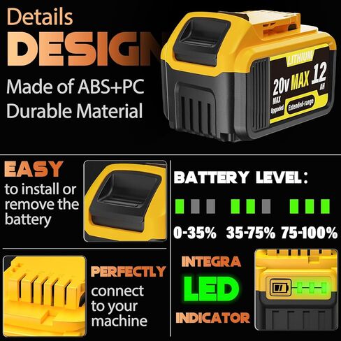 4-Pack 12000mAh Replacement for Dewalt 20V Max Battery, Lithium Ion Battery Compatible with Dewalt DCB200 DCB201 DCB203 DCB204 DCB205 DCB206 DCB207 Series 20V Cordless Tools in Kuwait