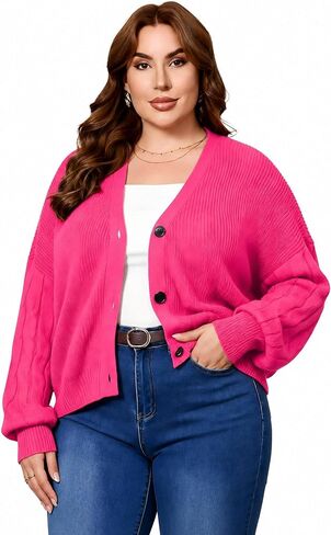Women's Plus Size Short Cardigans Fall Oversized Button up Sweater Long Sleeve Cropped Open Front Cardigan in Saudi Arabia