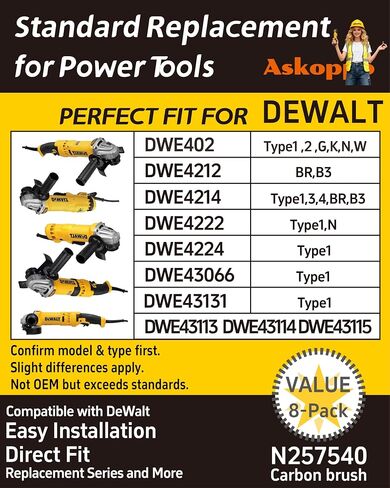 N257540 (8-Pack) Heavy Duty Carbon Brushes, Carbones para DeWALT DWE402 DWE4214 Angle Grinder Replacement, High Conductivity, Askoppo in Kuwait