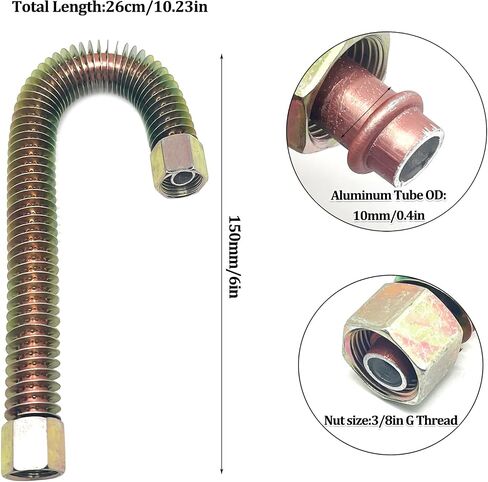 Aluminum Air Compressor Exhaust Pipe, 10.23in Length, 10mm OD, 3/8in Nut, Silver, 1pc in Kuwait
