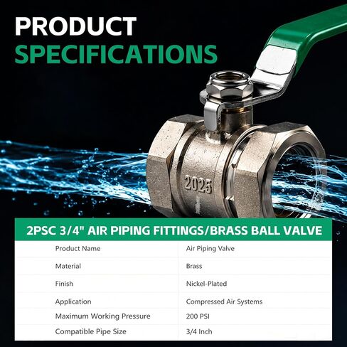 2PCS 3/4" Air Piping Fittings for Compressed Air System, M8039 Nickel-Plated Brass In-Line Shut-Off Fittings,175PSI Max Working Pressure, Heavy-Duty Valve for Shop & Garage Pneumatic Setup in Kuwait