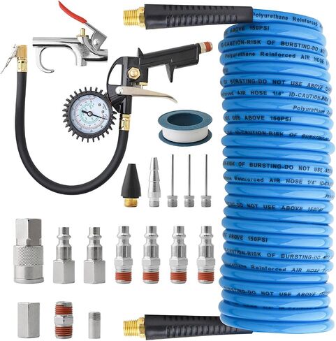 Gunpla 19 Pieces Air Compressor Accessories kit, Heavy Duty Air Blow Gun Air Hose Fittings and 150 PSI Tire Inflator Gauge, 1/4 in x 25 ft Recoil Poly Air Compressor Hose Kit in Kuwait