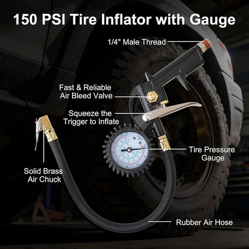 Gunpla 19 Pieces Air Compressor Accessories kit, Heavy Duty Air Blow Gun Air Hose Fittings and 150 PSI Tire Inflator Gauge, 1/4 in x 25 ft Recoil Poly Air Compressor Hose Kit in Kuwait