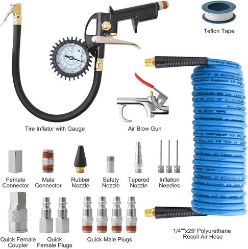 Gunpla 19 Pieces Air Compressor Accessories kit, Heavy Duty Air Blow Gun Air Hose Fittings and 150 PSI Tire Inflator Gauge, 1/4 in x 25 ft Recoil Poly Air Compressor Hose Kit in Kuwait
