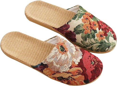 Women Linen House Slippers Floral Open Toe Slides Vintage Indoor Bedroom Non-Slip Soft Sole Shoes Summer Home in Kuwait