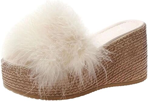 Women Faux Fur Wedge Platform Slides Sandals Beach Casual Slippers for Indoor Outdoor Summer in Kuwait