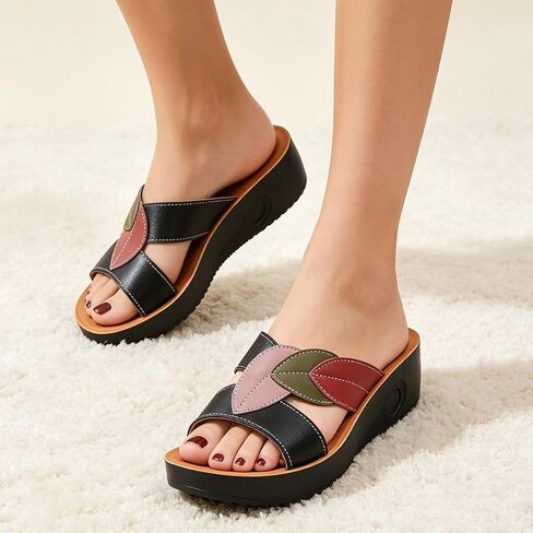 Slip On Platform Slide Sandals for Women, Multi-Color Leaf Decor Non Slip Massage Insole Arch Support Slides for Beach Home Summer Outings in Kuwait