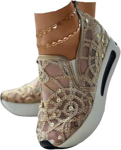 Platform Wedge Sneakers for Women Floral Embroidered Mesh Sneakers Comfort Chunky Sole Slip On Loafers Dressy Walking Sports Shoes in Kuwait