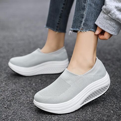 Women's Lightweight Platform Wedge Sneakers, Breathable Knit Mesh Slip-on Loafers, Stylish, Casual, and Comfortable Work Shoes. in Kuwait