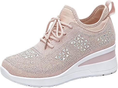 Glitter Rhinestone Wedge Sneakers with Lace-Up for Women Fashion Shiny Sequin Comfort Orthopedic Breathable Mesh Round Toe Soft Sole Tennis Walking Shoes in Kuwait