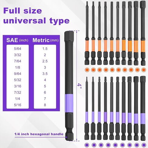 Allen Wrench Drill Bit Set, 40-Piece 4" & 2" Long Hex Bit Set (Metric & SAE), 1/4" Hex-Shank S2 Steel Magnetic Allen Key Drill Bits Sets with Extension Rod for Mechanic Auto Furniture DIY Repairs in Kuwait