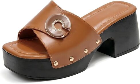 Women's Square Open Toe Platform Heel Dress Slides Sandals with Fashion Adjustable Buckle Rivet Wide Band Slip-On Comfort 2.75-Inch Block Chunky Heel party Mule Slides For Causal Vacation Beach in Kuwait