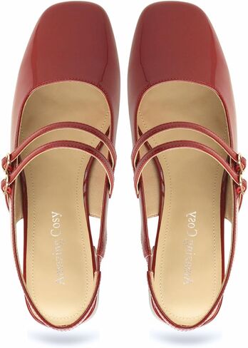 Amazing Cosy Women's Mary Jane Shoes Low Chunky Heel Patent Leather Double Strap Slingback Pumps Closed Square Toe for Party Wedding Dress in Saudi Arabia