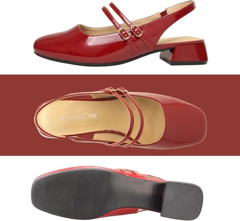 Amazing Cosy Women's Mary Jane Shoes Low Chunky Heel Patent Leather Double Strap Slingback Pumps Closed Square Toe for Party Wedding Dress in Saudi Arabia
