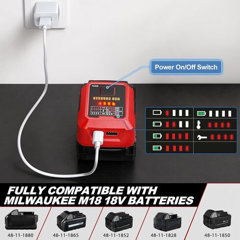 Adisipsoarin 100W USB C Battery Charger Compatible with Milwaukee M18 18V Battery, Power Adapter Fast Charging Station with USB-A Port, Fast Charging Hub for Phones Tablets (Tool Only) in Kuwait