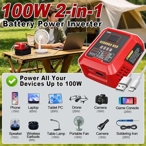 Adisipsoarin 100W USB C Battery Charger Compatible with Milwaukee M18 18V Battery, Power Adapter Fast Charging Station with USB-A Port, Fast Charging Hub for Phones Tablets (Tool Only) in Kuwait