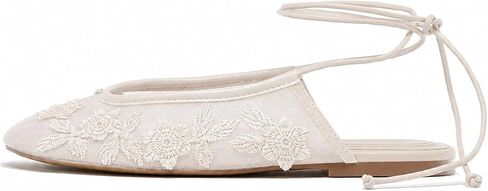 Lace Up Mesh Ballet Flat for Women Embroidered Floral Round Toe Mary Jane Flats Summer Slingback Ballerina Shoes in Kuwait