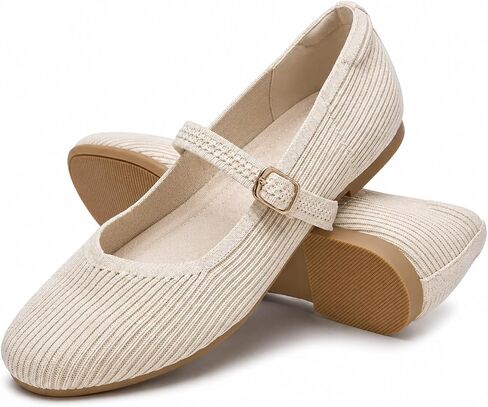 Mary Jane Flats for Women, Breathable Knit Round Toe Ballet Shoes with Adjustable Buckle Strap, Cushioned Dressy Flats with Flexible Rubber Sole for Work Office Walking, Beige in Kuwait