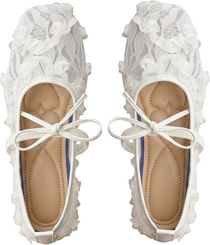 OYOANGLE Women's Floral Mesh Ballet Flats Dressy Square Toe Bow Strap Lace Comfortable Ballerina Shoes in Kuwait