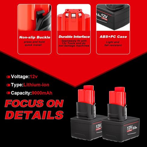 【High Capacity】2Packs 9.0Ah 12V Replacement Battery for Milwaukee M12 48-11-2460 48-11-2450 48-11-2440 48-11-2430 48-11-2401 48-11-2425, Compatible with 12-Volt Tool & Charger 48-59-2401 48-59-1204 in Kuwait