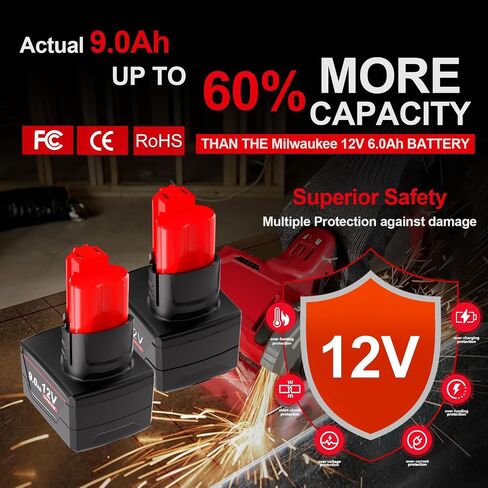 【High Capacity】2Packs 9.0Ah 12V Replacement Battery for Milwaukee M12 48-11-2460 48-11-2450 48-11-2440 48-11-2430 48-11-2401 48-11-2425, Compatible with 12-Volt Tool & Charger 48-59-2401 48-59-1204 in Kuwait