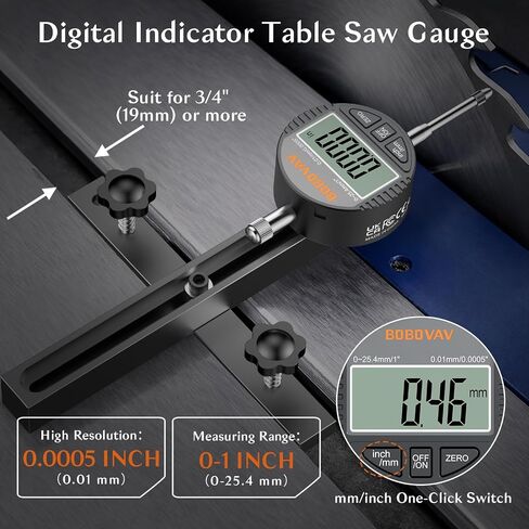 Table Saw Alignment Gauge with 0.0005"Digital Dial Indicator - 18cm Rod, Fits 3/4"(19mm)+ with Screw Adjustment, CNC Machined Aluminum Bar Stable for Saw Blade Alignment and Calibration in Kuwait