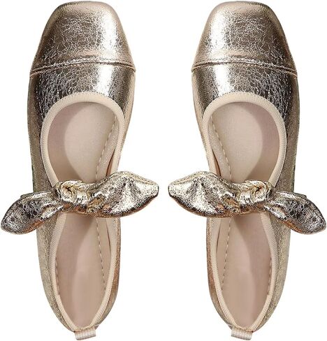 GORGLITTER Women's Gold Ballet Flats Bow Metallic Square Closed Toe Flats Dressy Slip on Dress Ballerina Shoes in Kuwait