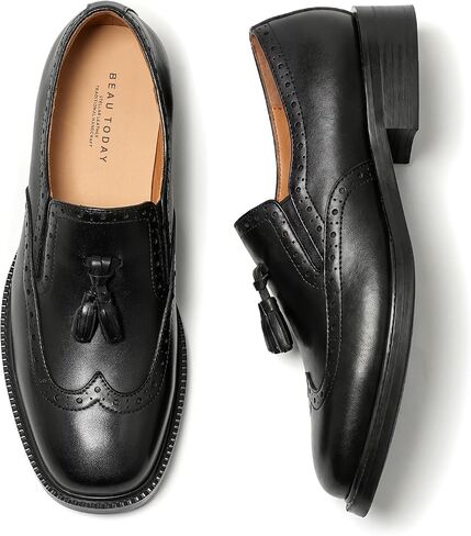 BEAU TODAY Women’s Genuine Leather Tassel Loafers, Brogue Slip On Shoes | Cowhide lining and insole with square toe, low block heel, and rubber sole for office, commuting, and business casual wear in Kuwait