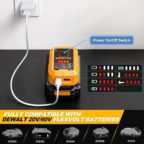 Adisipsoarin 100W USB C Battery Charger Compatible with Dewalt 20V Max Battery, Power Adapter Fast Charging Station with USB-A Port, Fast Charging Hub for Phones Tablets (Tool Only) in Kuwait