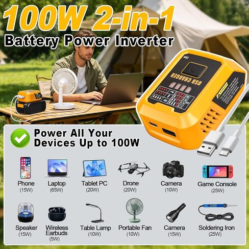 Adisipsoarin 100W USB C Battery Charger Compatible with Dewalt 20V Max Battery, Power Adapter Fast Charging Station with USB-A Port, Fast Charging Hub for Phones Tablets (Tool Only) in Kuwait