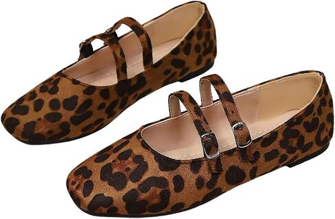 GORGLITTER Women's Leopard Print Ballet Flats Comfortable Closed Square Toe Ballerina Faux Suede Cheetah Maryjane Shoes in Kuwait