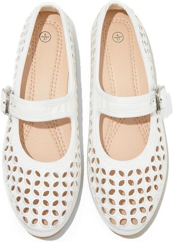 MMEFOUND Women's Perforated Mary Jane Flats Shoes Adjustable | Retro Summer Strap Comfortable Breathable Memory Foam Casual Loafers Non Slip Low Heel Dressy in Kuwait