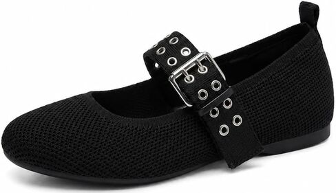 Mary Jane Knit Flats for Women, Wide Toe Box Ballet Shoes with Square Toe and Adjustable Chunky Buckle Strap, Comfortable Dressy Flats for Work Office Walking, Black in Kuwait