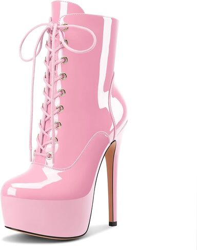 NobleOnly Women's Platform Stiletto High Heel Round Toe Ankle Boots Zipper Lace-up Stripper Boots Pole Dance 6 Inches Patent Heels in Kuwait