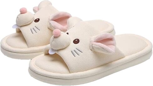 Linen Slippers Women Men Cute Mouse Indoor Soft Non-Slip Home Shoes in Kuwait