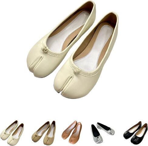 Women's Tabi Flats Shoes - Genuine Leather Uppe- Soft Color & Cracked Pattern- Low Heel- Anti - Slip Sole- Breathable Lining- Comfortable & Stylish in Kuwait