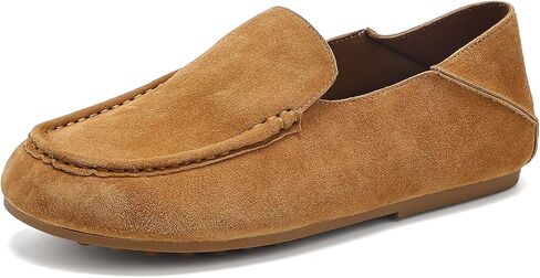 Women's Convertible Leather Loafers, Wear Two Ways Driving Moccasins, Cork-Inspired Casual Slip On Flats - Chestnut Brown/Oatmeal in Kuwait