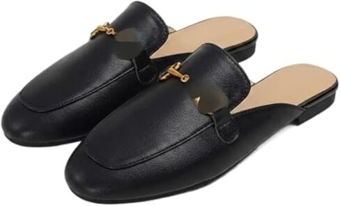 Womens Classic Faux Leather Mules Backless Loafers Slip On Shoes, Minimalist Metal Comfortable Flat Slippers for Office Work Daily Casual in Kuwait