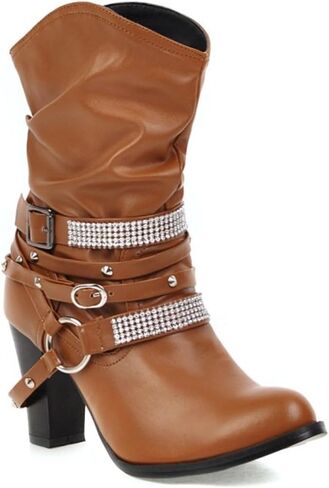 Women's Slouchy Chunky High Heel Mid Calf Ankle Boots Round Toe Stacked Short Boots Fashion Rhinestone Belt Buckle Punk Motorcycle Booties in Kuwait