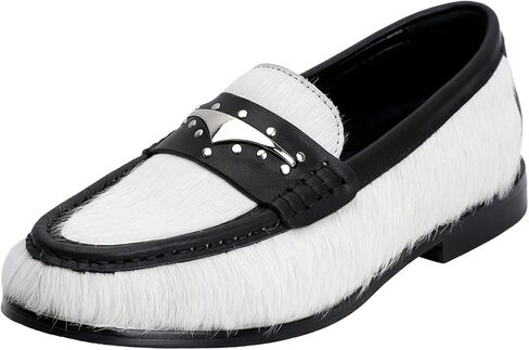 XOBZJH Women’s Black and White Loafers – Natural Cowhide Leather Flats with Metal Buckle, Sheepskin Lining & Insole, Memory Foam Arch Support Slip-On Shoes for Everyday City Wear in Kuwait