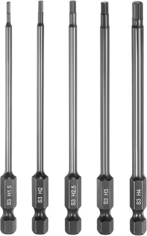 HARFINGTON 5pcs Flat Hex Head Drill Bit H1.5/H2/H2.5/H3/H4 Magnetic Tip 1/4" Hex Shank 100mm (4") Long Mirror Polished Metric Hexagonal Screw Driver Screwdriver Bit Wrench Electric Power Tool in Kuwait