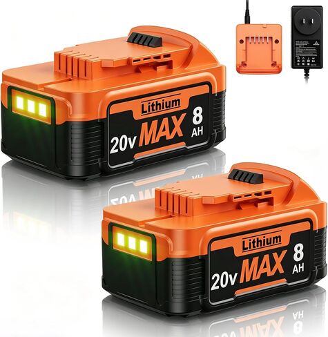New Model 8.0Ah Replacement Dewalt 20V Lithium Ion Battery and Charger for Max Batteries DCB200 DCB205-2 DCB206 DCB204 DCB203 DCB208 Compatible with Dewalt 20V Cordless Power Tools in Kuwait