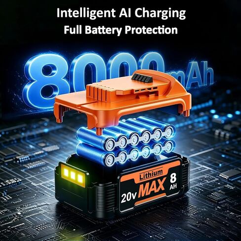 New Model 8.0Ah Replacement Dewalt 20V Lithium Ion Battery and Charger for Max Batteries DCB200 DCB205-2 DCB206 DCB204 DCB203 DCB208 Compatible with Dewalt 20V Cordless Power Tools in Saudi Arabia