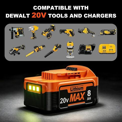 New Model 8.0Ah Replacement Dewalt 20V Lithium Ion Battery and Charger for Max Batteries DCB200 DCB205-2 DCB206 DCB204 DCB203 DCB208 Compatible with Dewalt 20V Cordless Power Tools in Kuwait