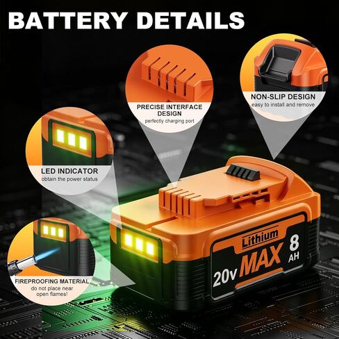 New Model 8.0Ah Replacement Dewalt 20V Lithium Ion Battery and Charger for Max Batteries DCB200 DCB205-2 DCB206 DCB204 DCB203 DCB208 Compatible with Dewalt 20V Cordless Power Tools in Saudi Arabia