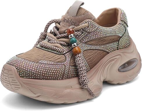 Chunky Sneakers for Women Fashion Shiny Dad Shoes Beaded Laces Platform Shoes Comfortable Non-Slip Walking Shoes in Kuwait