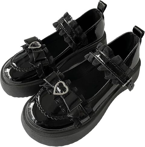 Women Kawaii Lolita Mary Jane Platform Shoes Black Lace Bows Chunky Heels | Cutecore, Coquette, PU leather Upper, Non-Slip Rubber Sole, Adjustable Heart Buckle Straps, Gothic Outfits, For Anime Cosplay in Kuwait