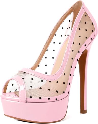 AUMOTED Women's Peep Toe High Heel Platform Stiletto Pumps Slip On Patent Mesh Polka Dot Heels 5.5" Party Wedding Dress Shoes in Kuwait