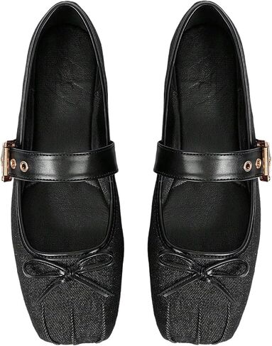 GORGLITTER Women's Ballet Flats Dressy Square Closed Toe Bow Buckle Strap Maryjanes Comfortable Flats Leather Work Shoes in Kuwait